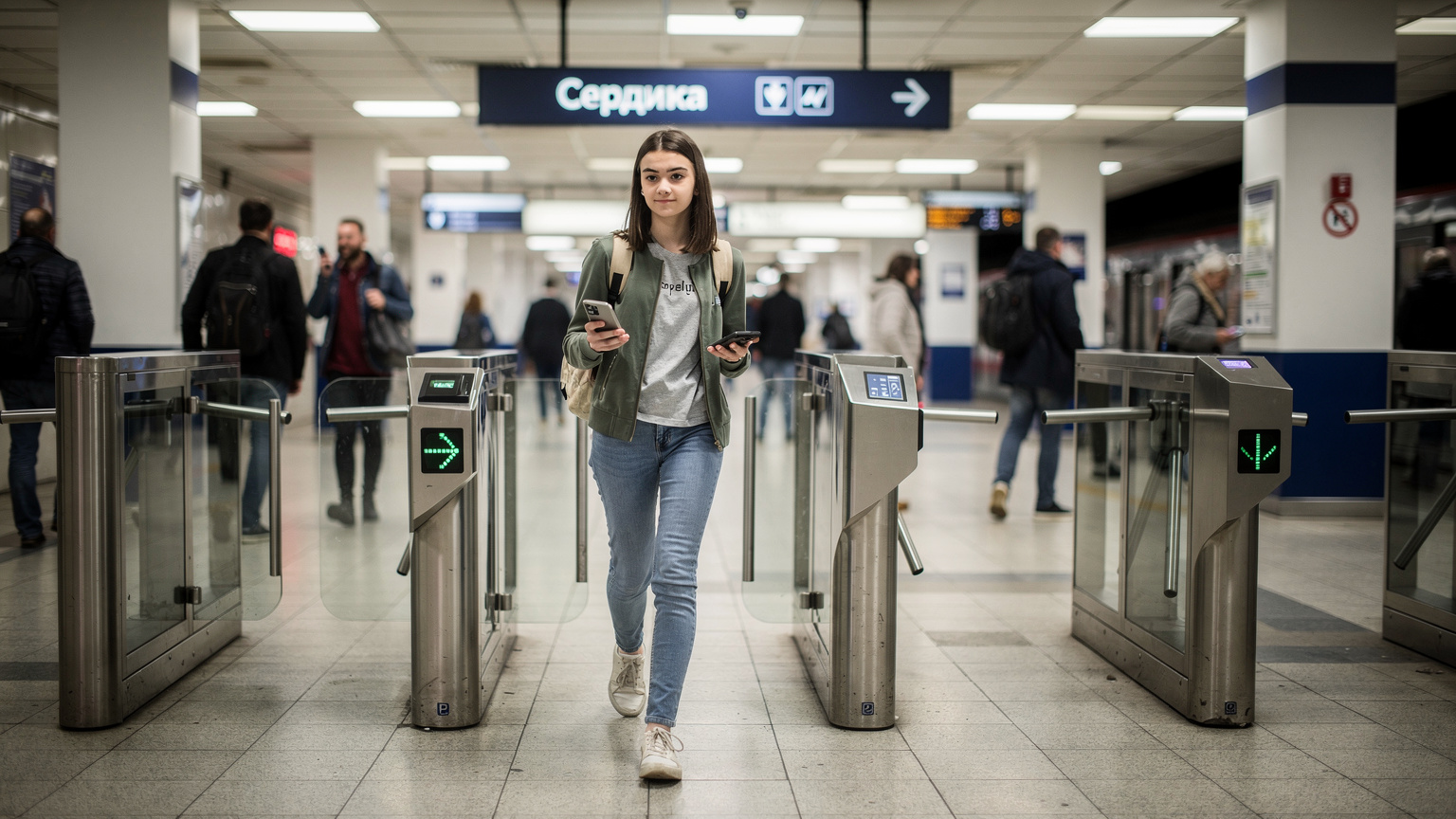 Тийнейджърка с телефон преминава през билетна бариера на метростанция Сердика в София, България, с разфокусирани хора на заден план, при нормално дневно осветление.