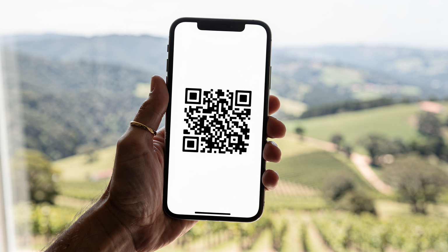 Uma mão segura um smartphone exibindo um código QR para ativação de eSIM, com o fundo desfocado de uma paisagem de montanha, representando a facilidade de conexão em qualquer lugar.