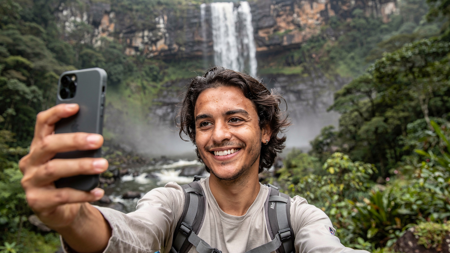 Um viajante sorri enquanto tira uma selfie em frente a uma cachoeira exuberante na Serra da Mantiqueira, Minas Gerais, usando seu smartphone para registrar o momento e verificar a conexão.