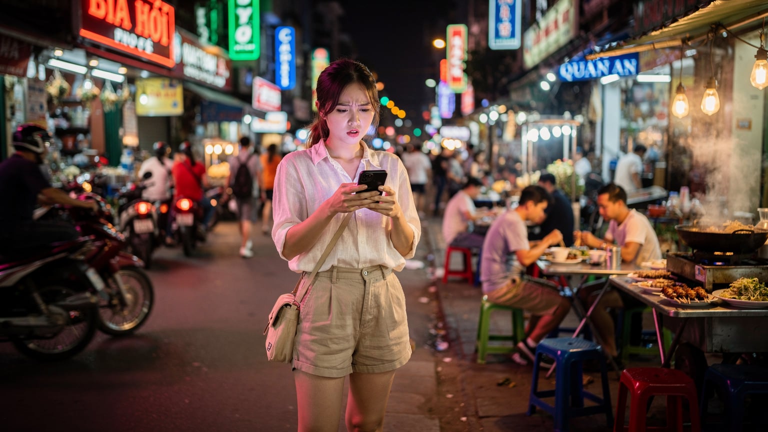 一位中国旅行者在越南胡志明市的范五老街，夜市中查看手机信号不佳的画面。