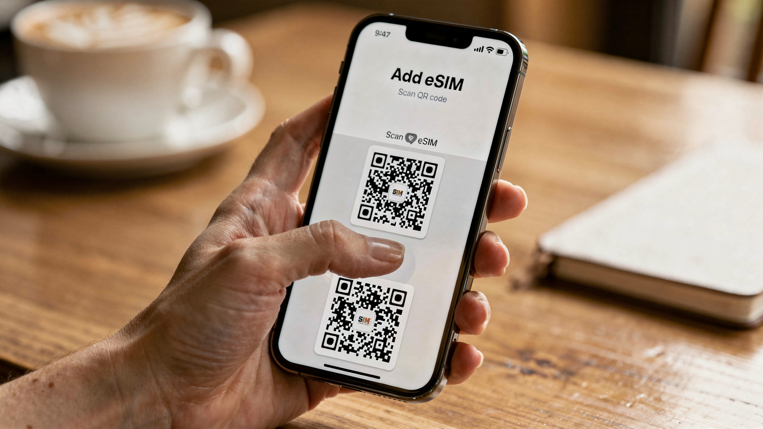 一只手正在用iPhone手机扫描eSIM二维码，手机屏幕显示eSIM设置界面。