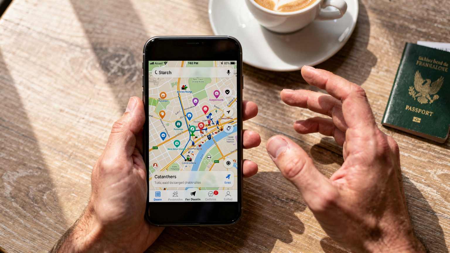 Un gros plan sur des mains tenant un smartphone avec l'écran affichant une carte de voyage numérique et des icônes d'applications de voyage, sur une table de café en bois avec une tasse de café et un passeport à proximité. La lumière est douce, venant d'une fenêtre.