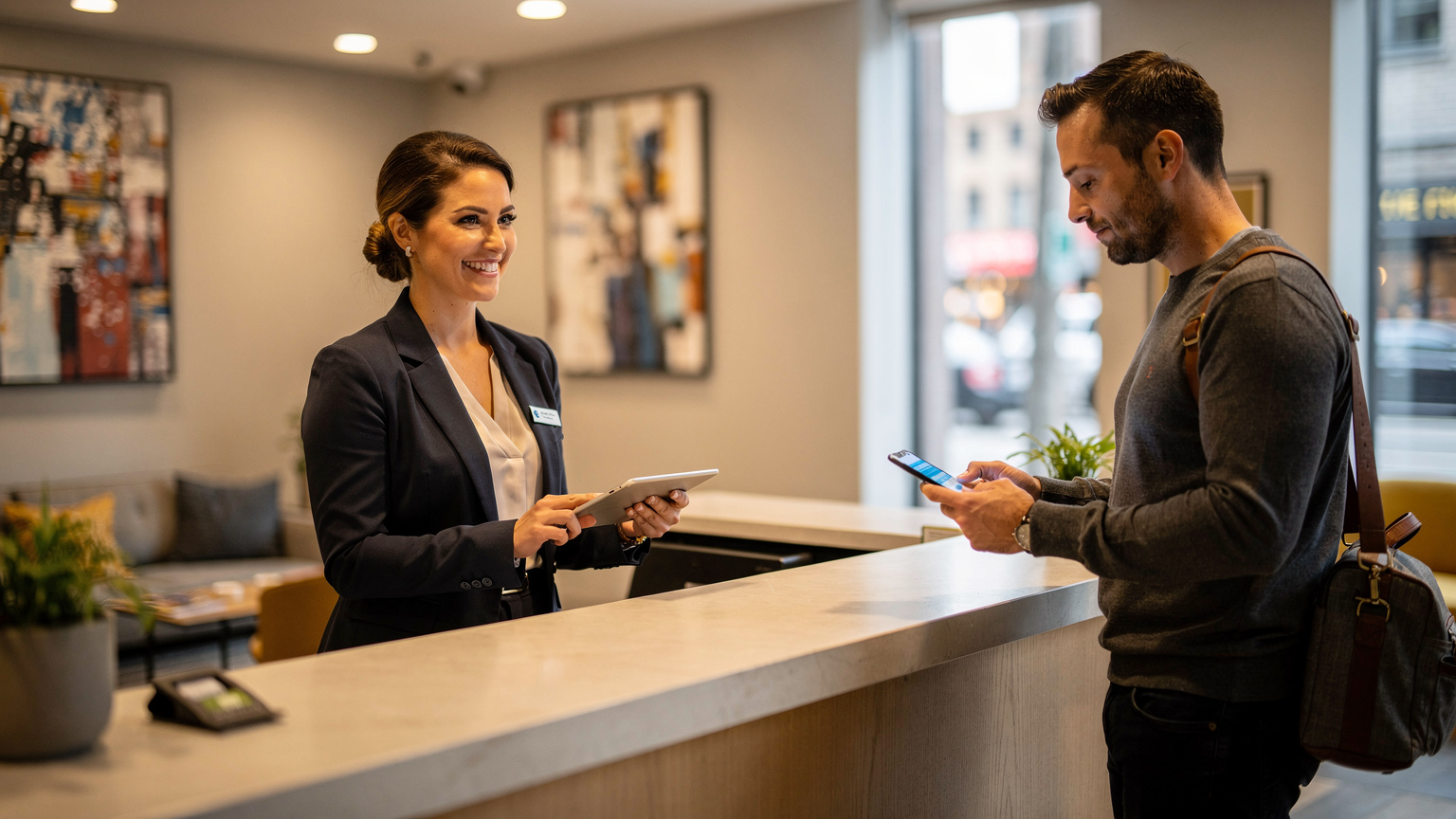 Une femme souriante à l'accueil d'un hôtel moderne à Montréal, tenant une tablette pour l'enregistrement, tandis qu'un voyageur à côté d'elle regarde son téléphone avec un air confiant. L'ambiance est lumineuse et accueillante.