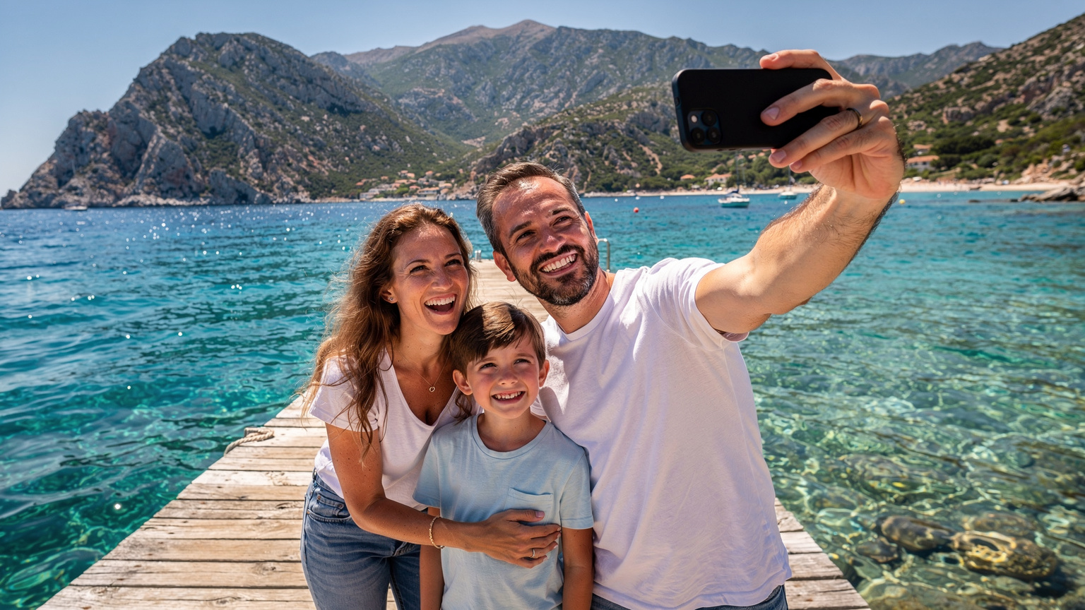 Une famille en train de prendre un selfie avec leur téléphone sur un ponton en bois, devant un paysage montagneux de Corse et la mer Méditerranée. Le soleil brille, créant une ambiance de vacances joyeuses.