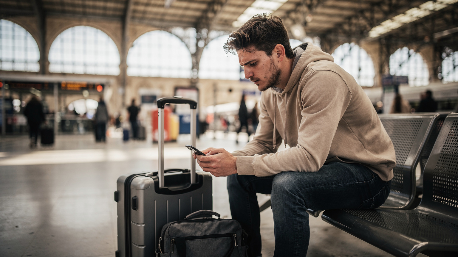 Un jeune homme assis sur un banc dans la gare Saint-Charles de Marseille, l'air un peu contrarié en regardant son téléphone, avec des valises à ses pieds et des passants flous en arrière-plan. La lumière est celle d'un intérieur de gare animé.