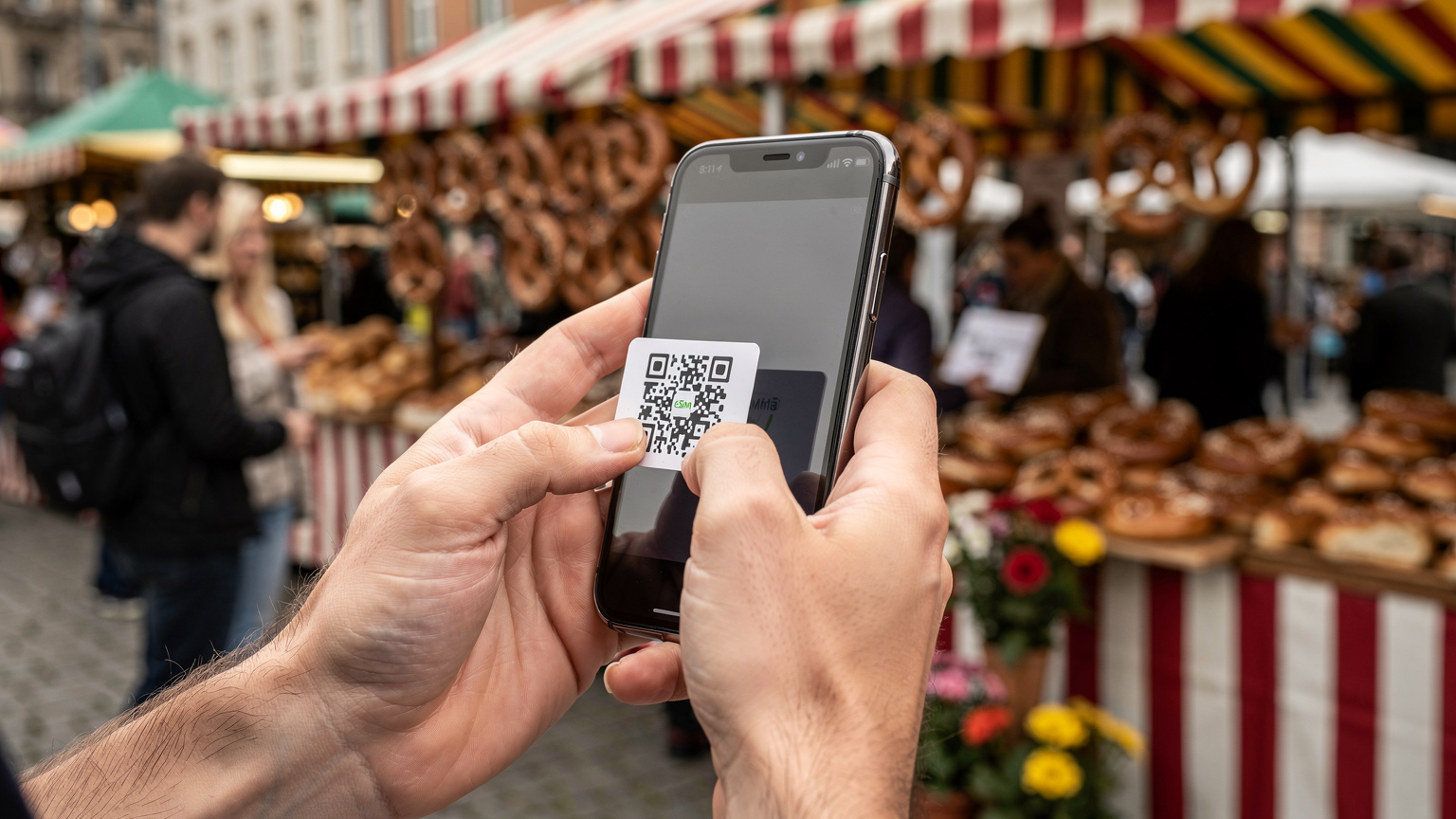 A traveler using their smartphone to scan an eSIM QR code, set against the backdrop of a vibrant German market, illustrating the ease of digital activation.