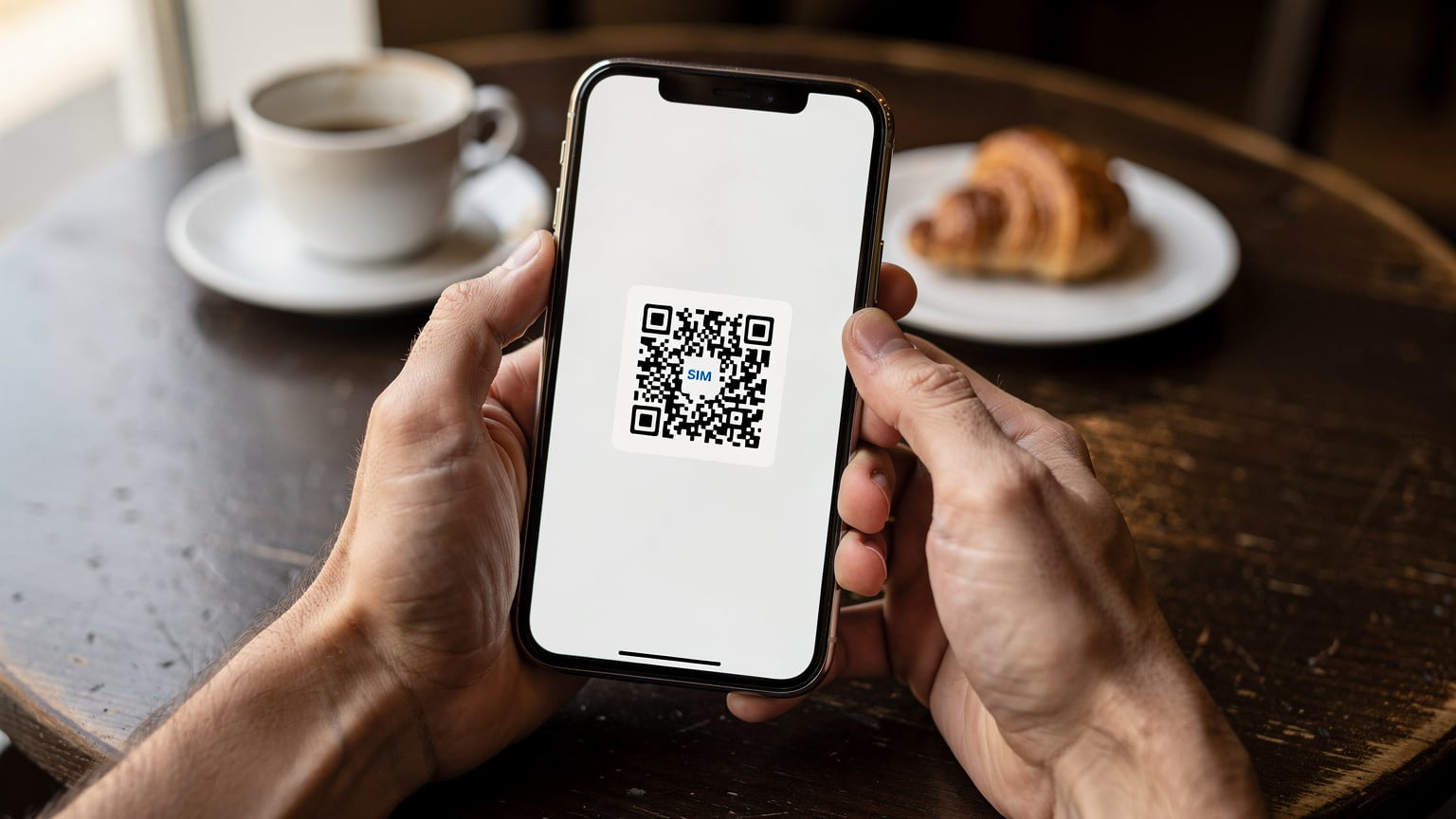 A close-up shot of hands holding a smartphone, with the screen displaying an eSIM activation QR code, against a soft-focus background of a German cafe interior, emphasizing ease of setup.