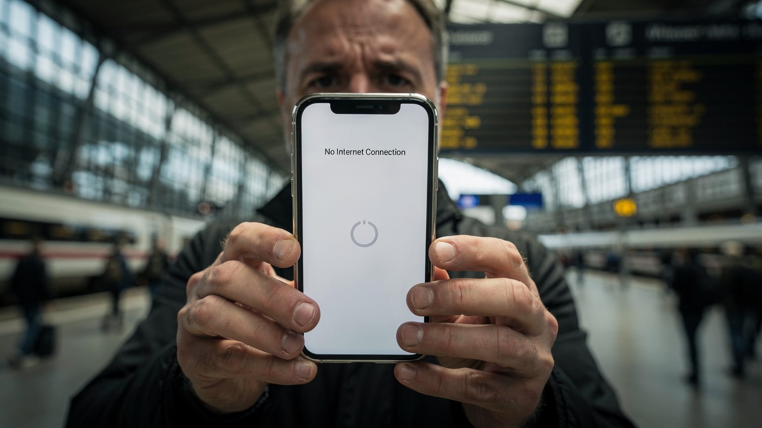 A close-up of a smartphone screen displaying a network error message or slow loading icon, held by a concerned traveler at a bustling European train station, conveying a moment of travel friction.