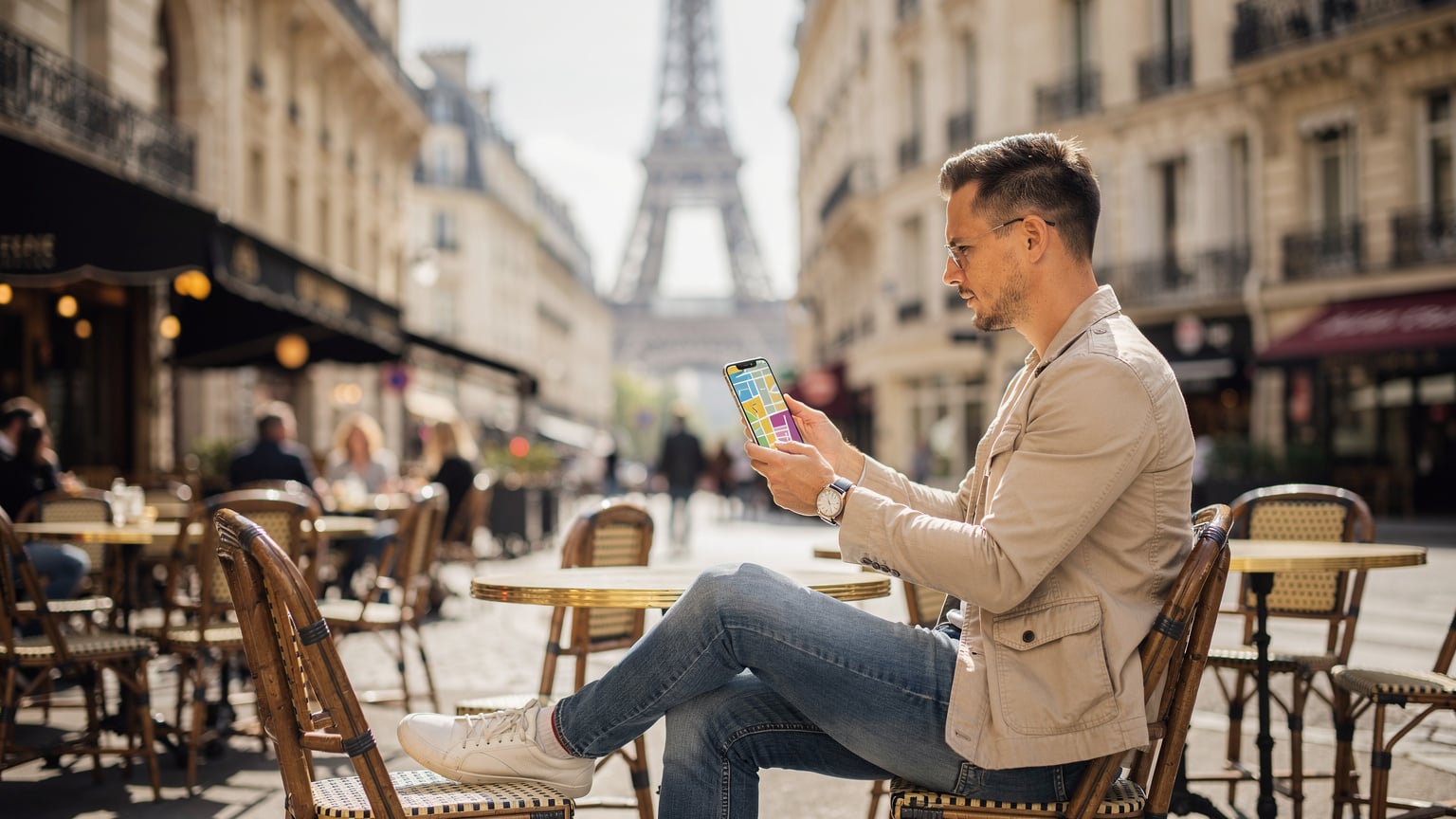 A person sitting at a cafe in Paris, clearly using their phone to check directions, with iconic Parisian architecture in the background, symbolizing seamless European travel.