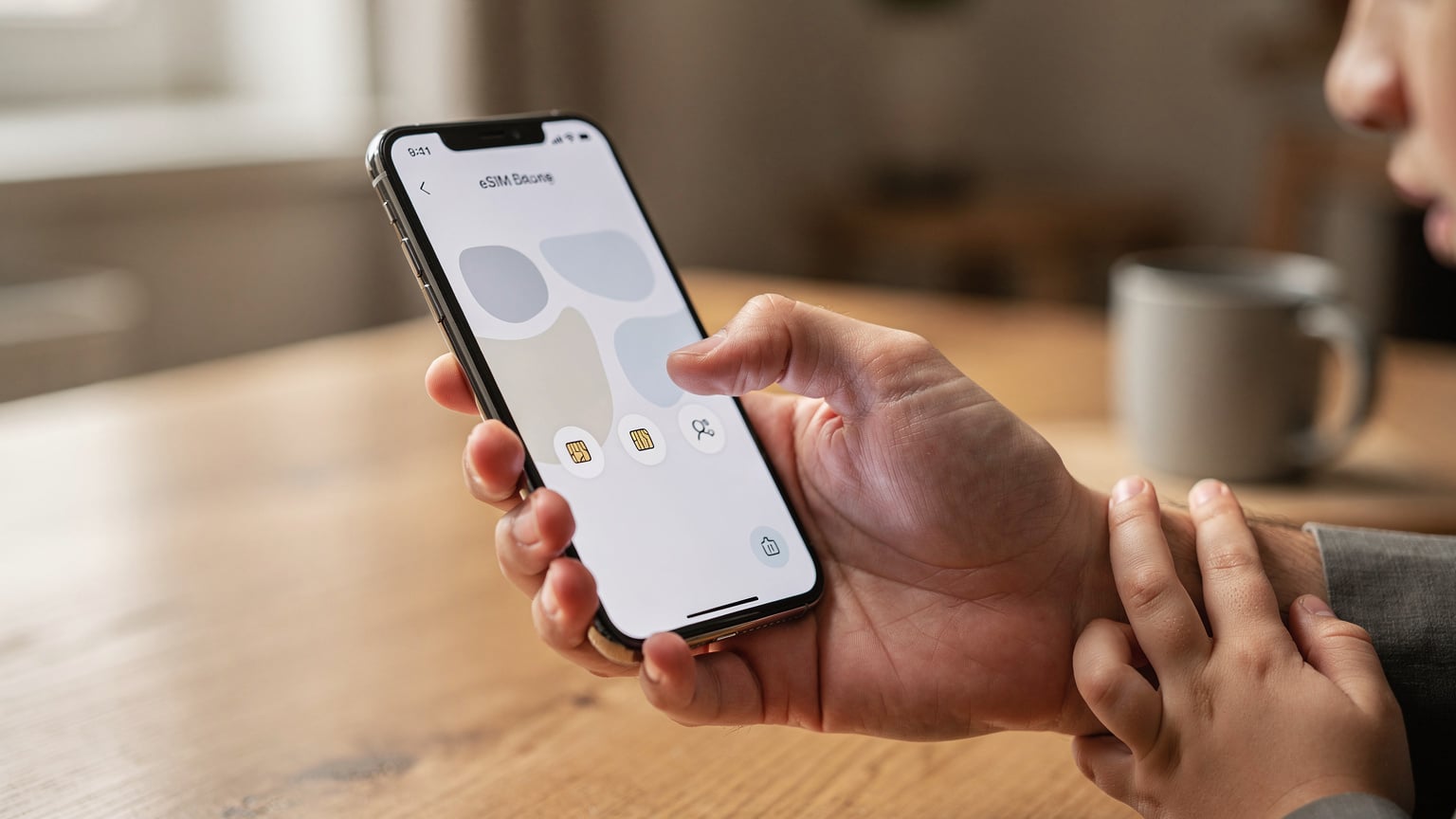 Close-up shot of a parent's hands expertly setting up an eSIM on a modern smartphone, with a child's small hand gently resting on the parent's arm, symbolizing family-focused travel planning.