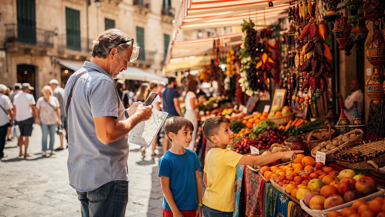 A bustling street market scene in a Mediterranean port city, with a parent using a smartphone to navigate through the crowd while two children excitedly look at vibrant local crafts and food stalls.