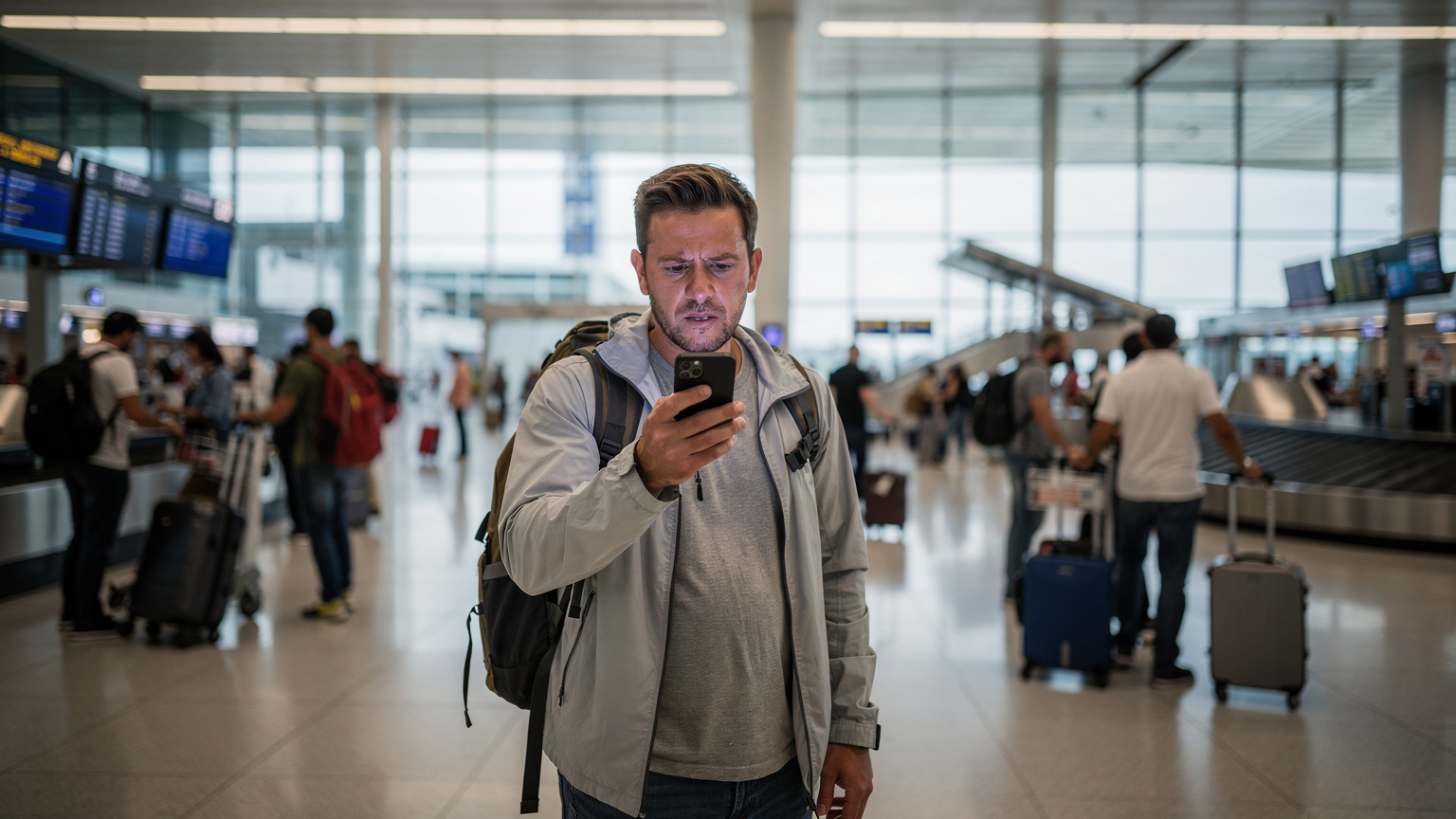 A wide shot of a bustling international airport arrival hall, showing a single traveler looking intently at their smartphone with a slightly worried expression, surrounded by a blur of other passengers, emphasizing the need for immediate connectivity upon arrival.