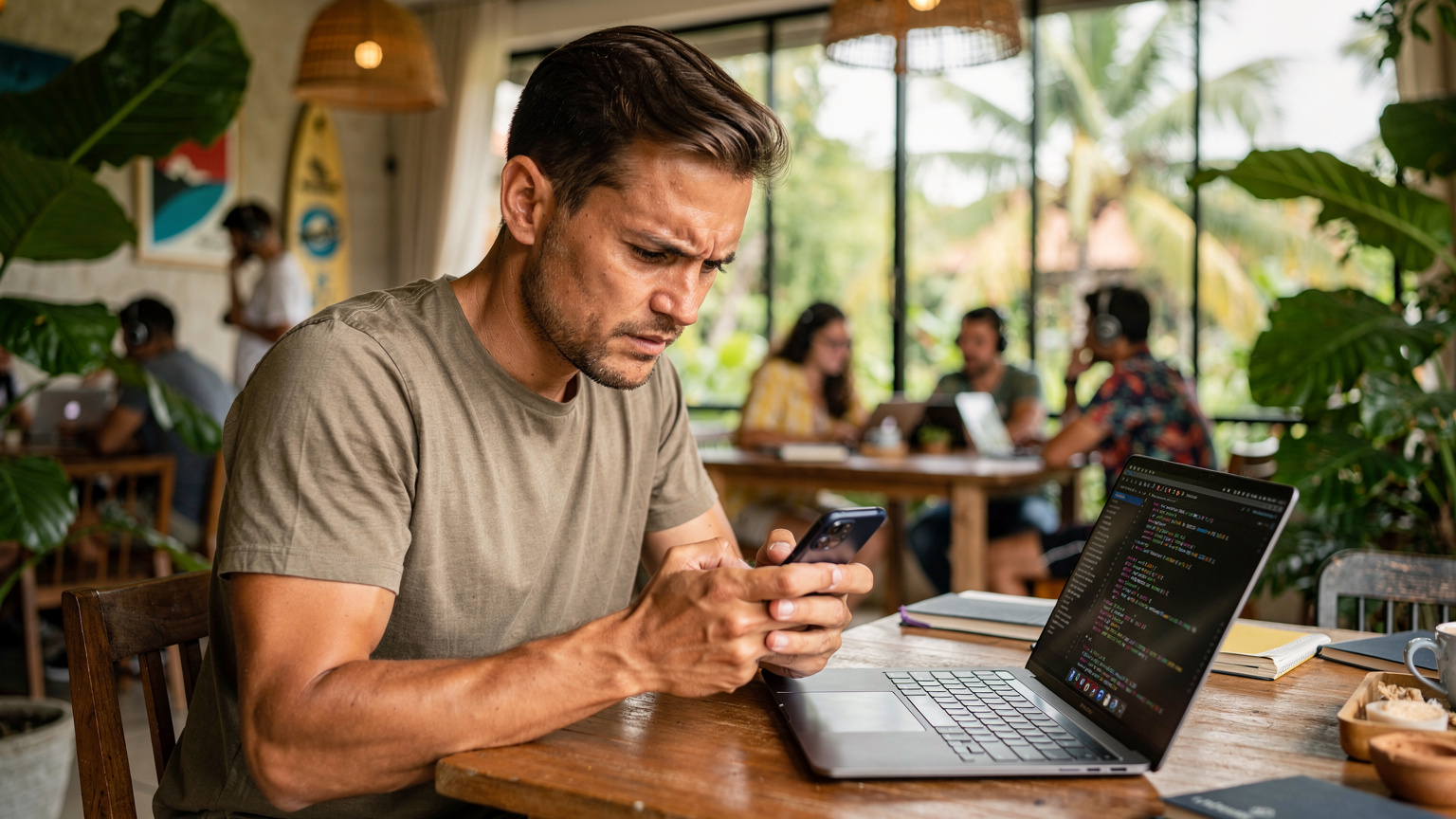 A digital nomad sits at a wooden table in a busy co-working space in Canggu, Bali, looking intently at their smartphone with a concerned expression, suggesting a connectivity problem.