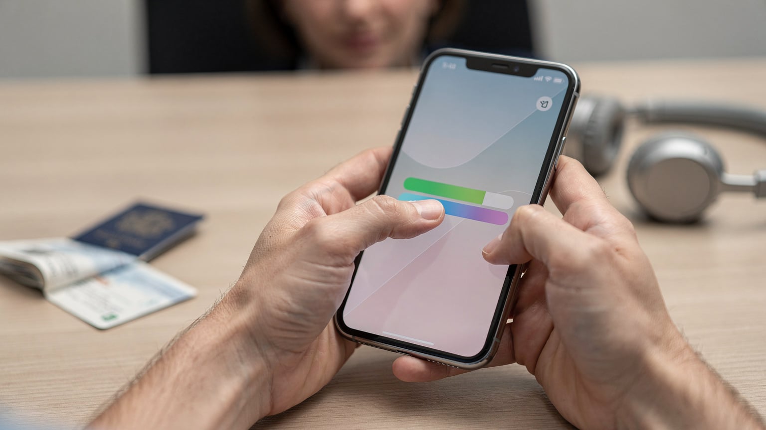 Close-up of a traveler's hands carefully interacting with a smartphone screen, displaying a Cellesim app interface during an eSIM installation, with a blurred passport in the background.