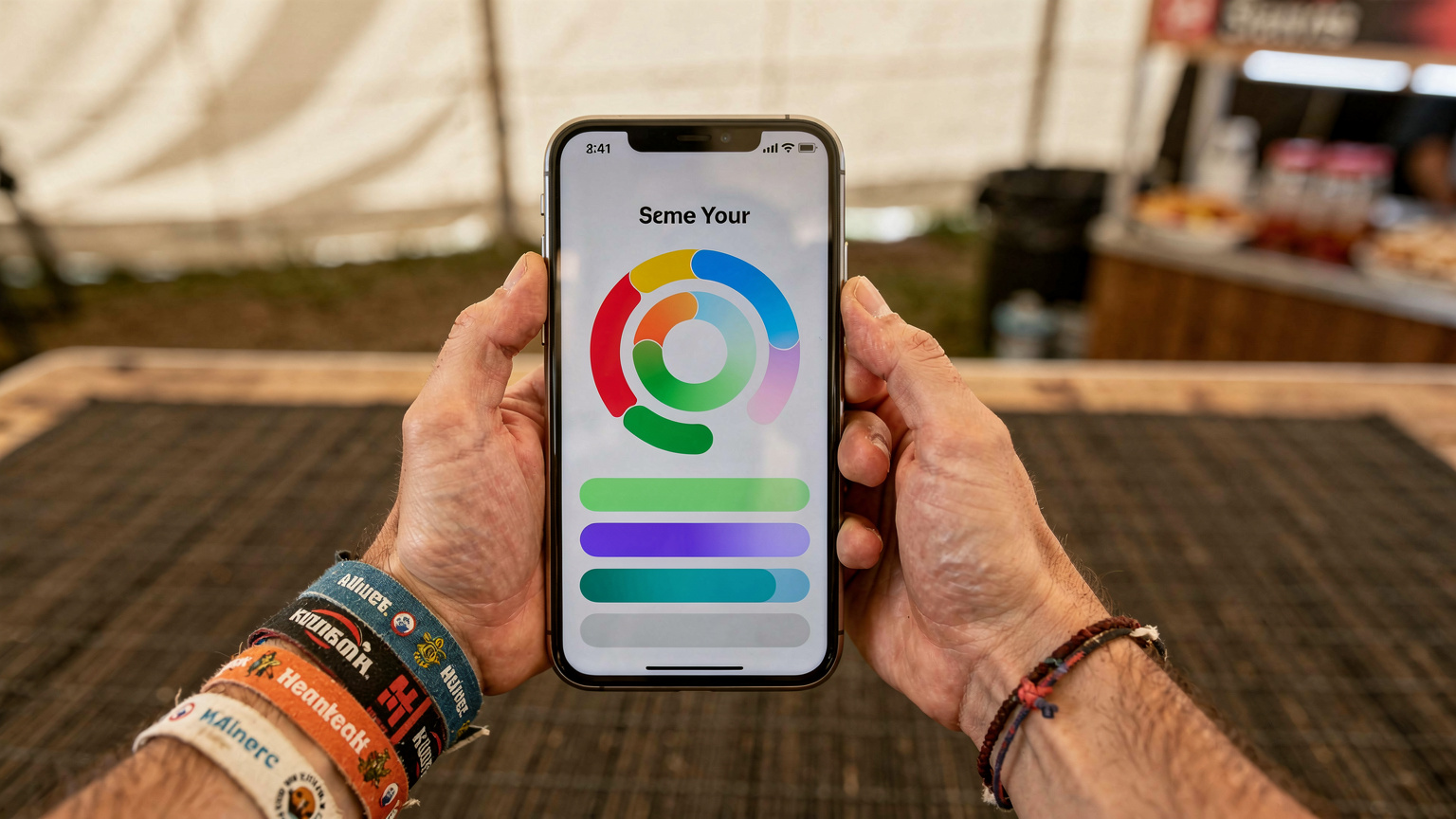 Ein Smartphone-Bildschirm zeigt eine App zur Überwachung des Datenverbrauchs, um unerwartete Kosten auf einem Festival zu vermeiden.