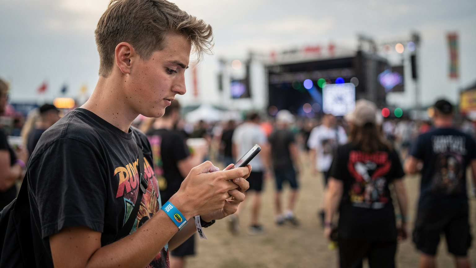 Ein Festivalbesucher scannt einen QR-Code auf seinem Smartphone, um eine eSIM zu aktivieren, während er auf einem überfüllten Festivalgelände steht.