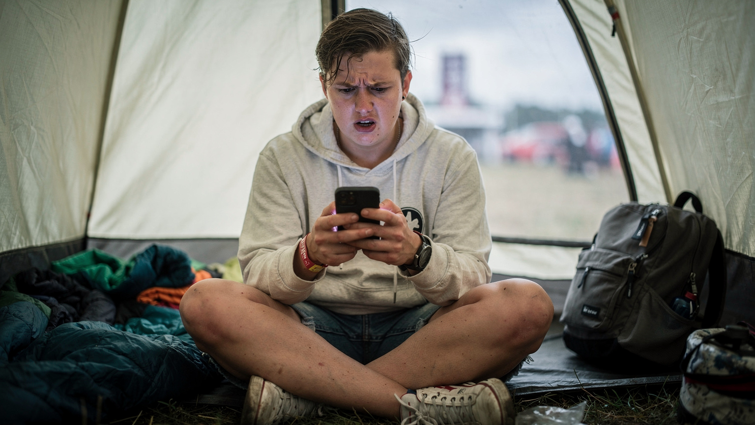 Eine Person sitzt nachdenklich im Zelt auf einem Festivalgelände und schaut besorgt auf das Smartphone, das schlechten Empfang anzeigt.