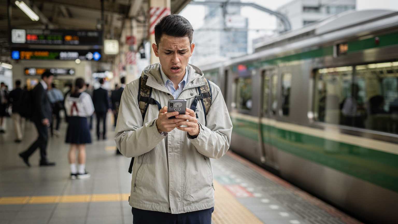 Een reiziger op een perron van de Yamanote-lijn in Tokio, Japan, met een bezorgde blik op hun Samsung Galaxy S26, mogelijk door verbindingsproblemen na eSIM-migratie.