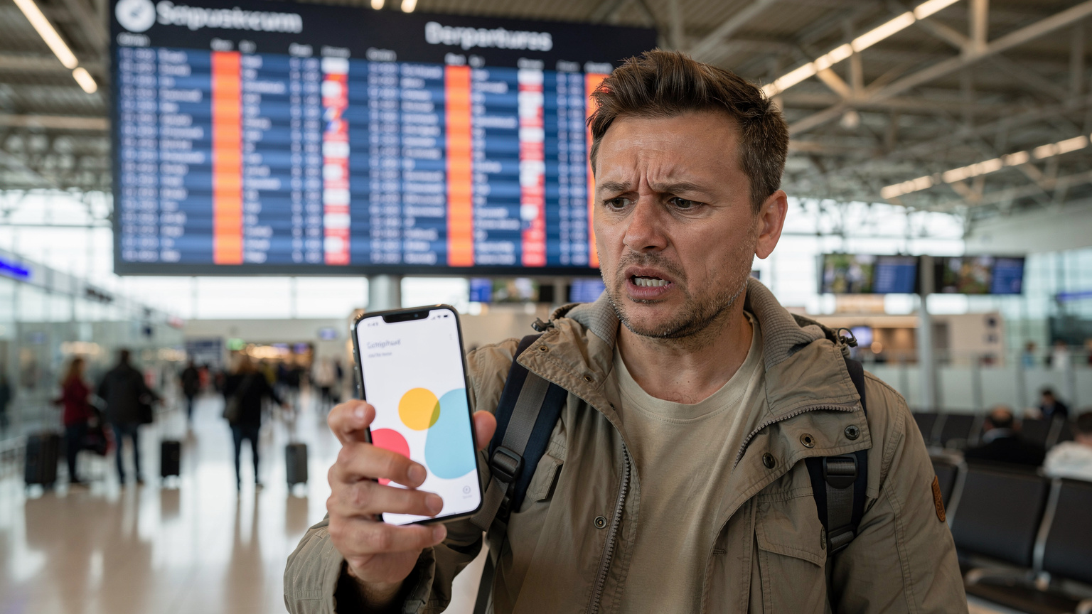Een gefrustreerde reiziger kijkt naar hun telefoon met een eSIM-foutmelding, terwijl ze staan voor een chaotisch bord met vertrektijden op Schiphol, Amsterdam.