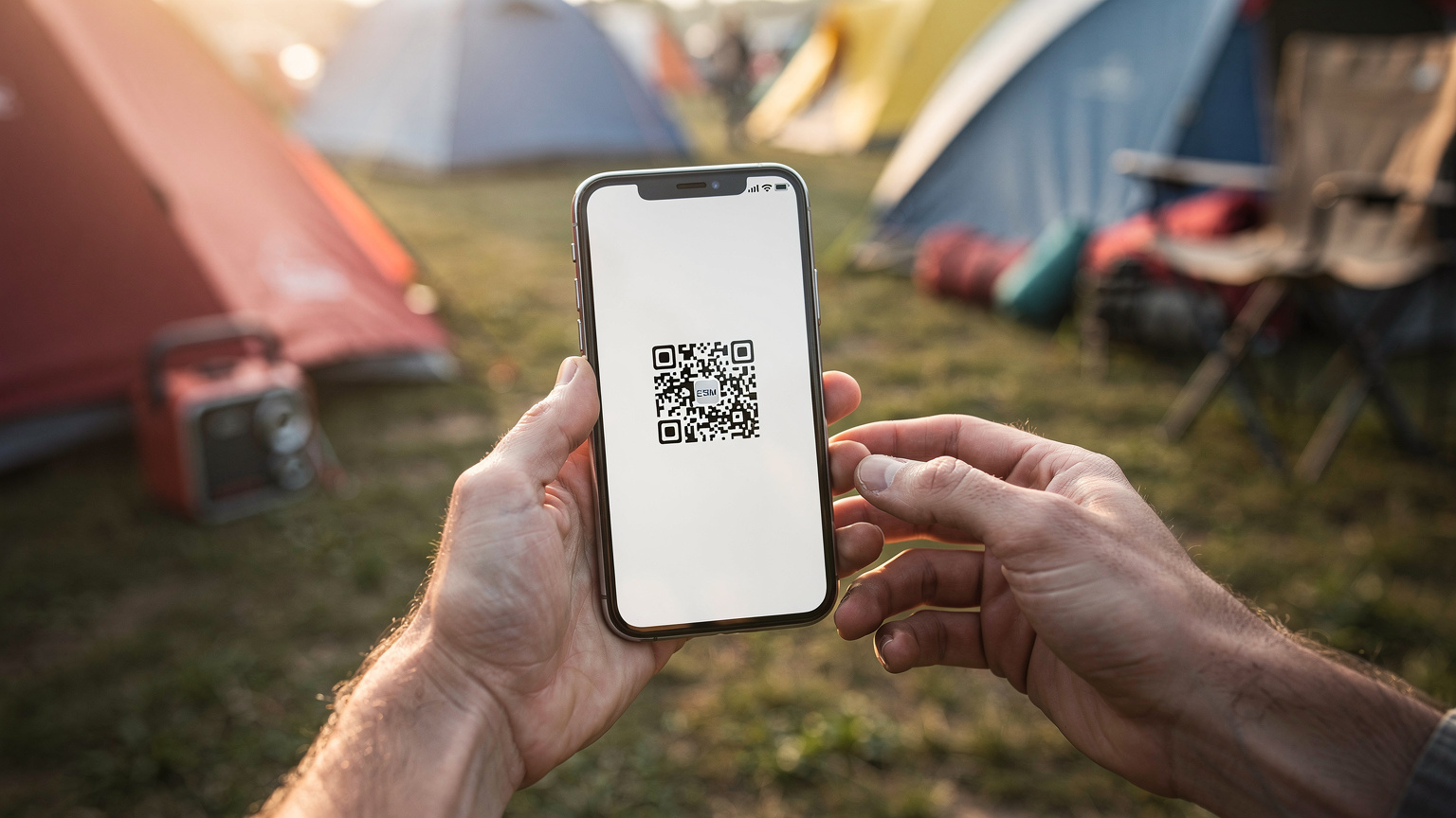 Крупний план рук, що тримають смартфон з QR-кодом eSIM на екрані, на фоні намету для кемпінгу та фестивального обладнання.