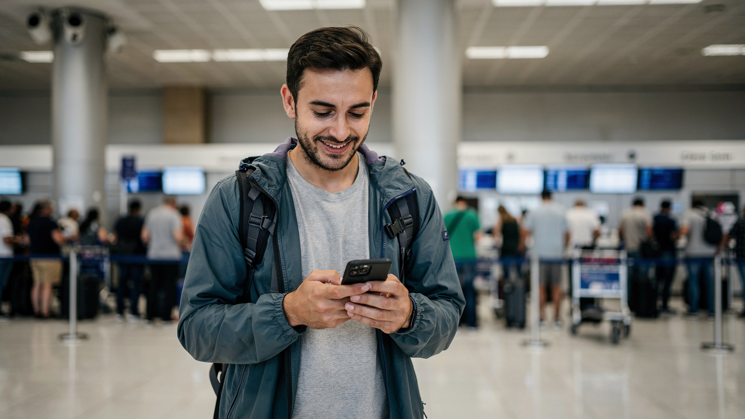 Un voyageur consulte son smartphone, l'air soulagé, après avoir activé son eSIM à l'arrivée à l'aéroport d'Athènes, la file d'attente pour les cartes SIM physiques en arrière-plan.