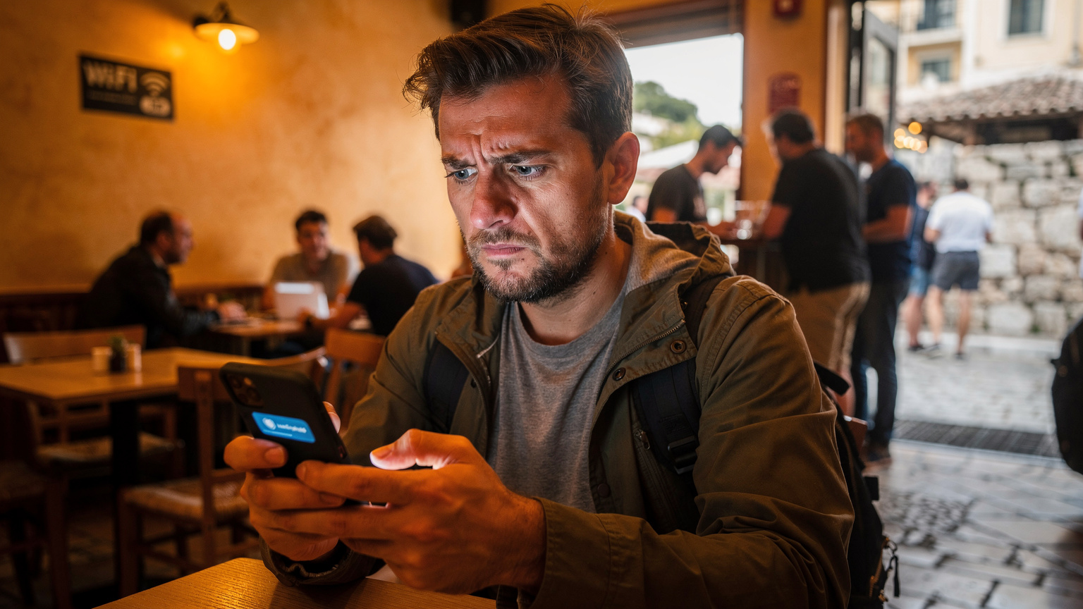 Un voyageur à l'air frustré tient son smartphone à deux mains, affichant un message d'erreur de connexion, dans un café bondé d'Athènes avec un Wi-Fi public qui ne fonctionne pas.
