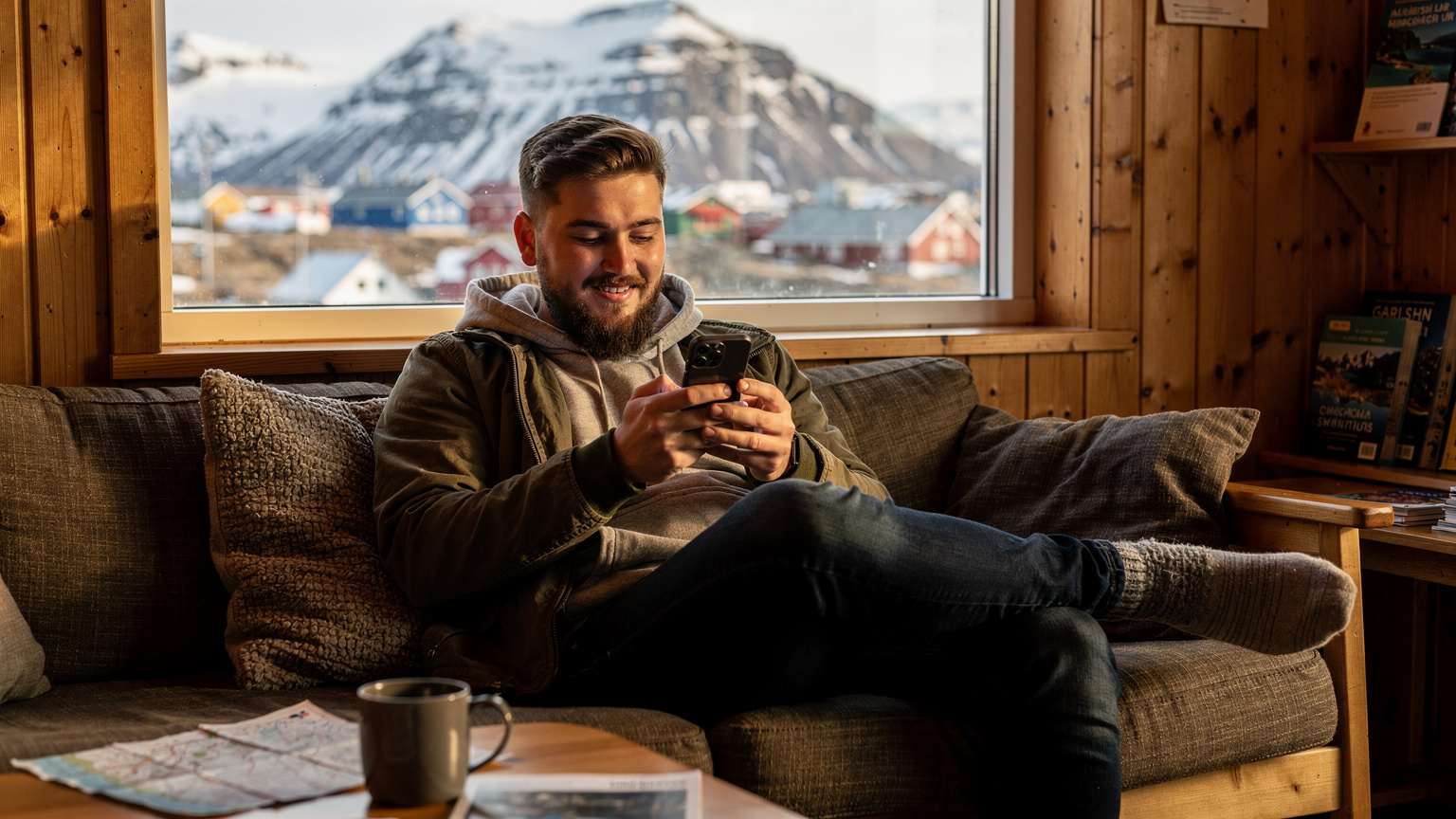 En ung mand med skæg sidder i et hyggeligt, rustikt hostel fællesrum i Nuuk og smiler let, mens han tjekker sin telefon. Gennem et stort vindue i baggrunden ses snedækkede grønlandske bjerge og en del af byen.