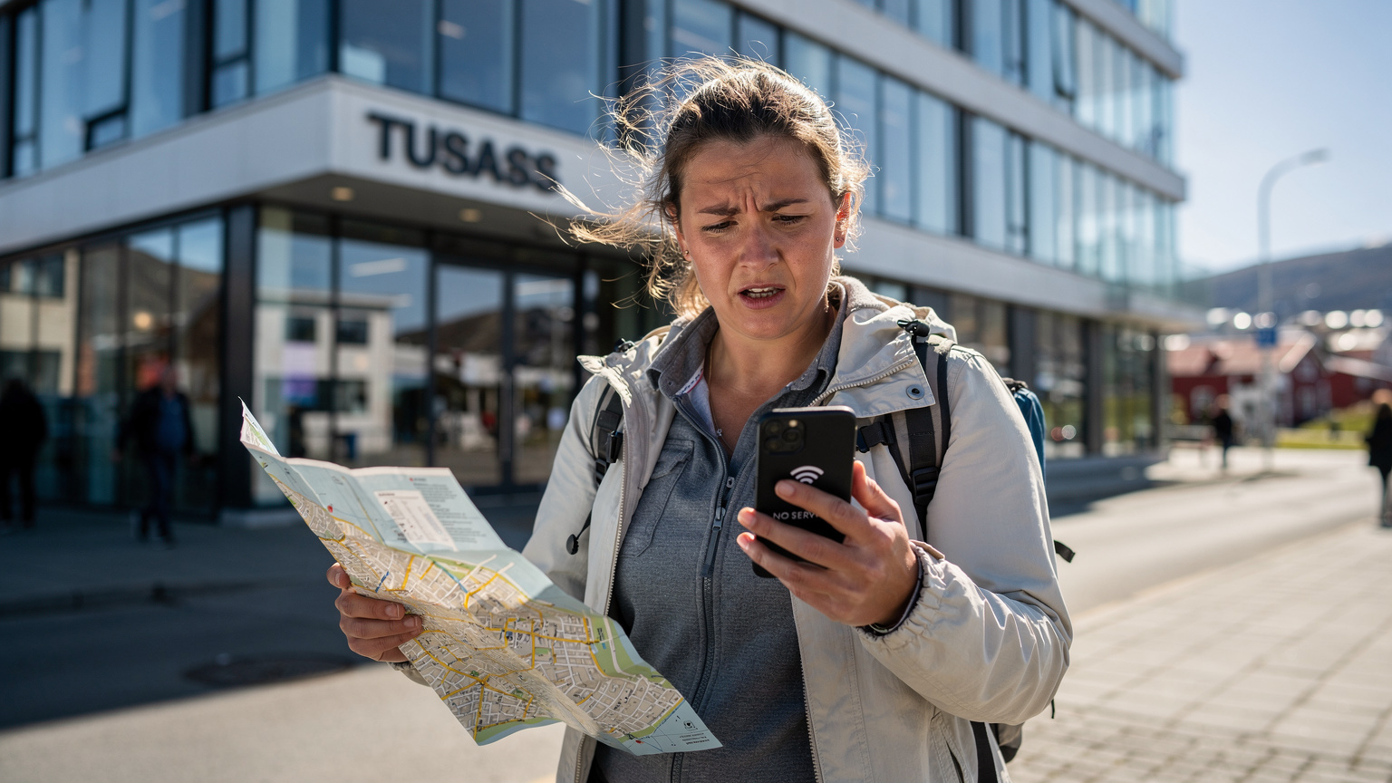 En kvindelig turist med et forvirret udtryk forsøger at navigere med et foldet papirkort i hånden, mens hendes smartphone i den anden hånd viser 'ingen service'. Hun står foran Tusass' bygning i Nuuk, en moderne bygning med store vinduer.
