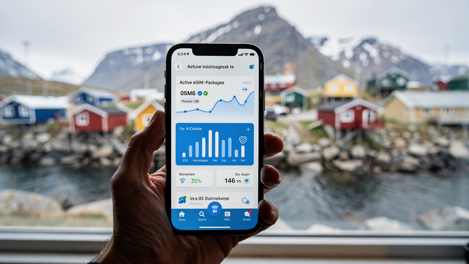 En hånd holder en moderne smartphone, der viser Cellesims app-grænseflade med en aktiv eSIM-pakke for Grønland. I den slørede baggrund ses et vindue med udsigt over en farverig grønlandsk bygd med små huse og sneklædte fjelde.