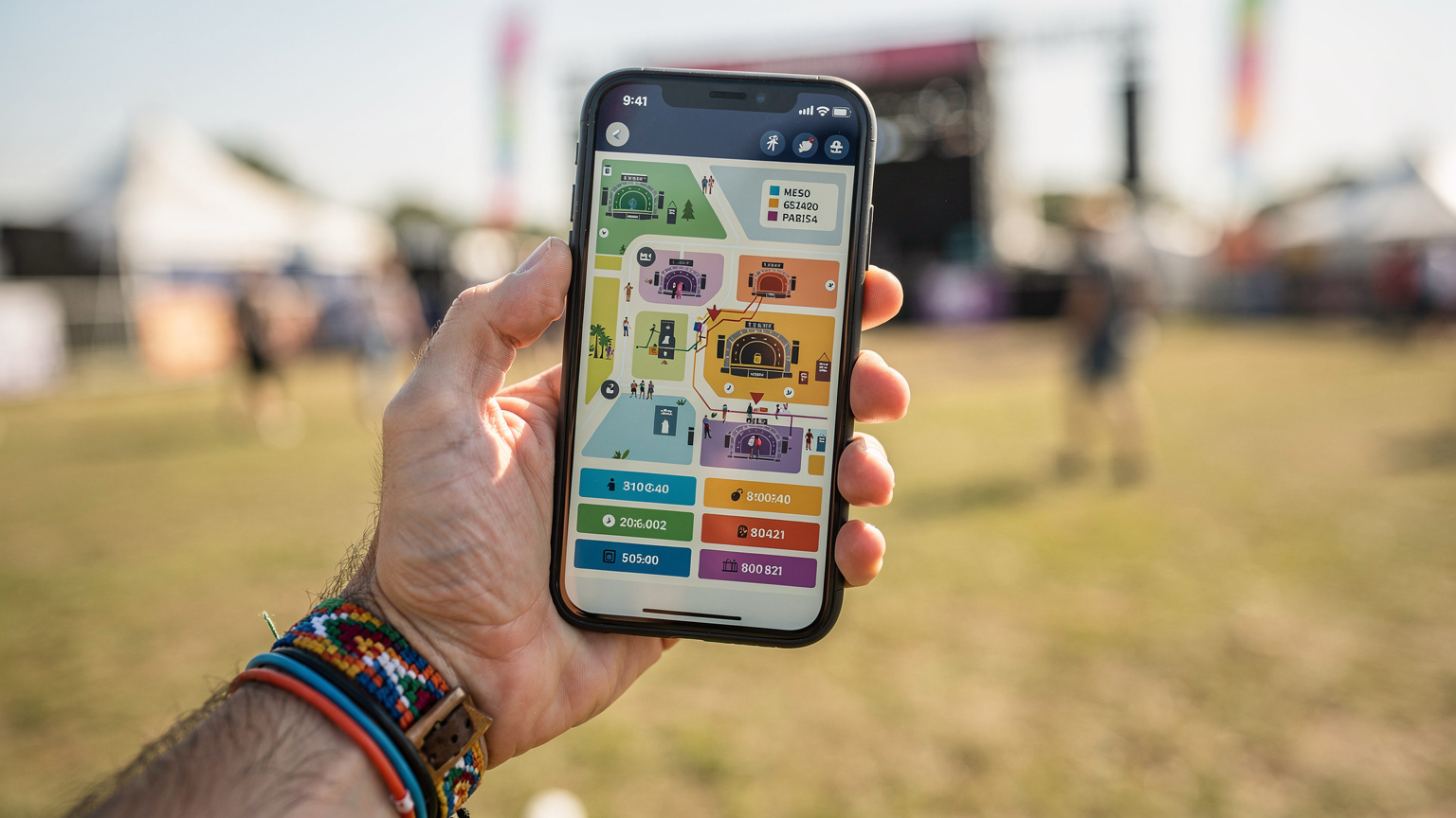 En mobiltelefon med en festivalapp öppen som visar en karta över området och schemat, hålls av en person med en festivalarmband.