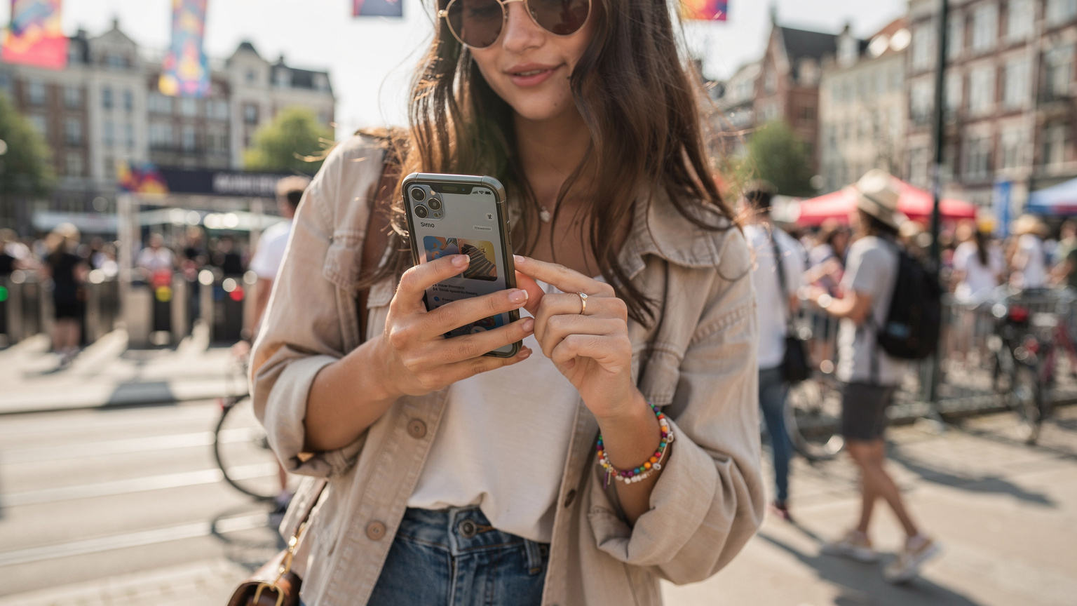 En ung kvinna aktiverar enkelt ett eSIM på sin smartphone framför en livlig festivalingång i en europeisk stad.