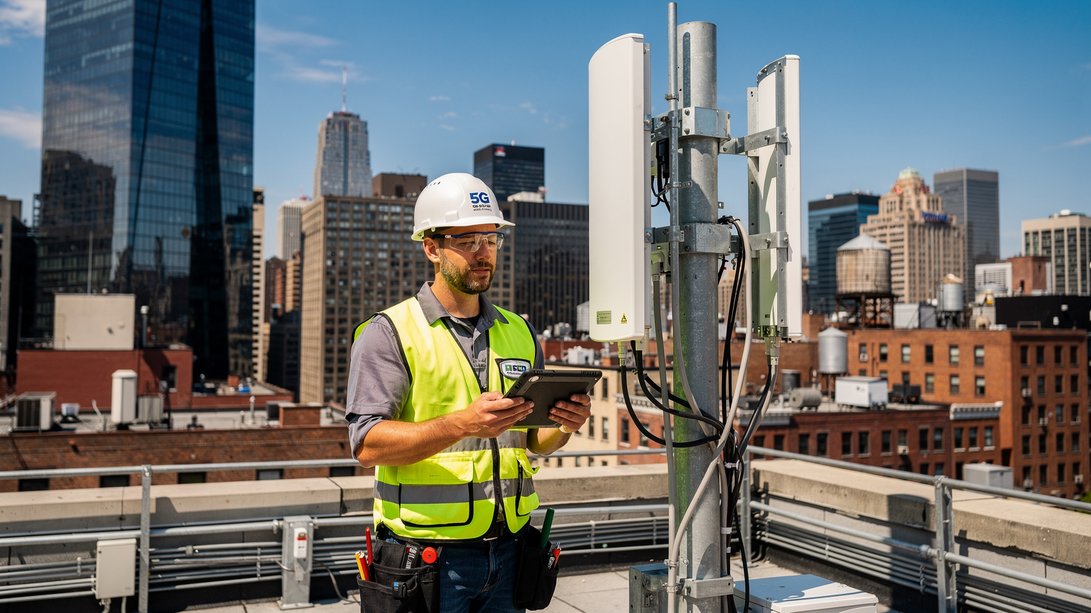Un ingegnere delle telecomunicazioni controlla un'antenna 5G sul tetto di un edificio a New York.