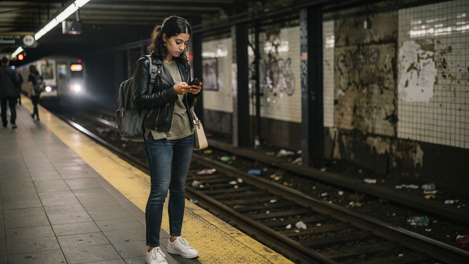 Una viaggiatrice italiana consulta il suo smartphone nella metropolitana di New York.