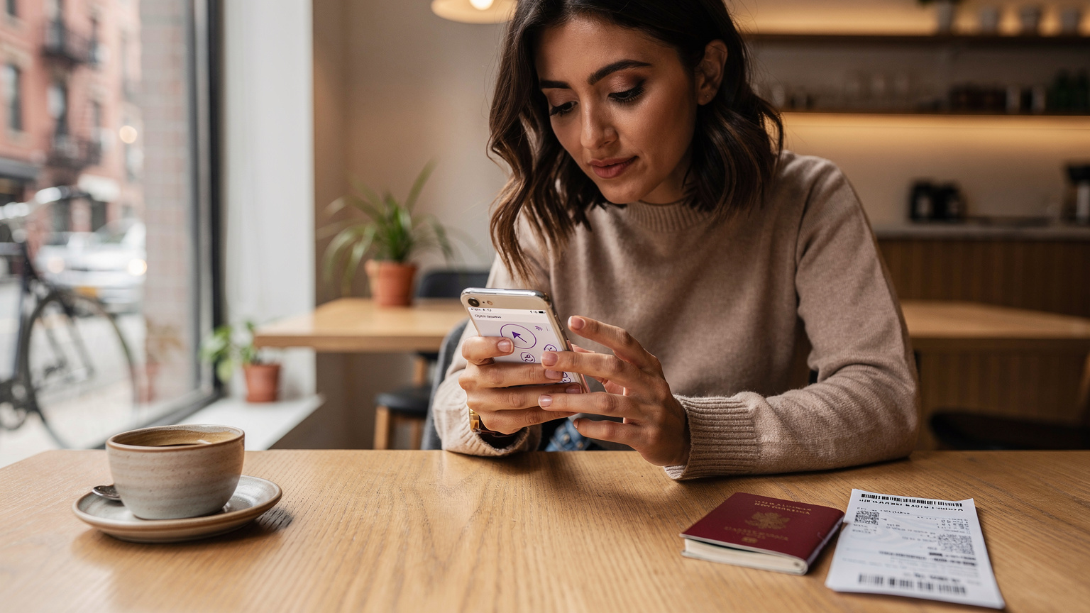 Una donna italiana controlla le impostazioni del telefono in un caffè di Brooklyn con un passaporto e un biglietto aereo sul tavolo.