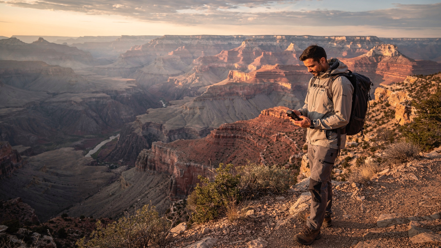 Un escursionista italiano consulta un GPS portatile al Grand Canyon al tramonto.