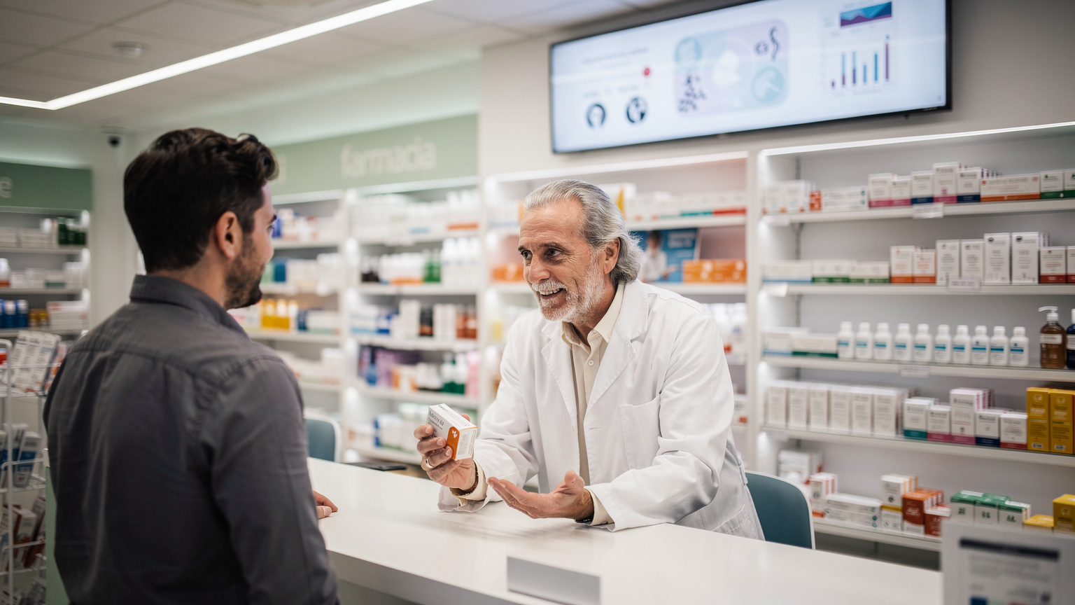 Un farmacéutico italiano asesorando a un cliente sobre un medicamento, con estantes llenos de productos médicos al fondo.