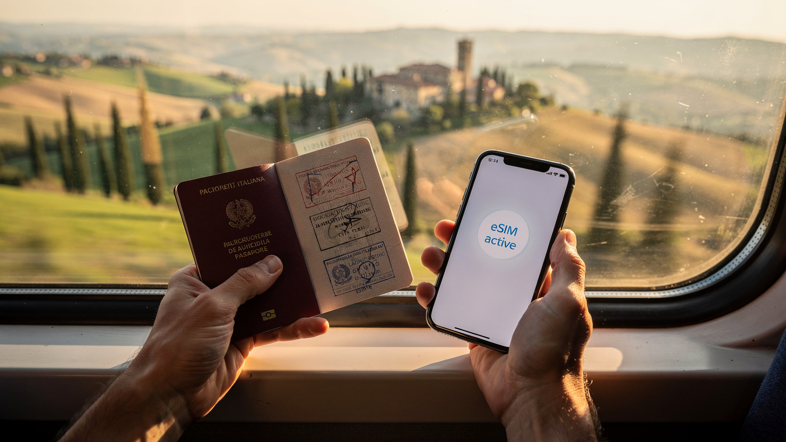 Un primo piano delle mani di un viaggiatore che tiene un passaporto italiano aperto e un telefono con la schermata di una eSIM attiva, sullo sfondo di un finestrino di un aereo o treno con un paesaggio italiano sfocato.