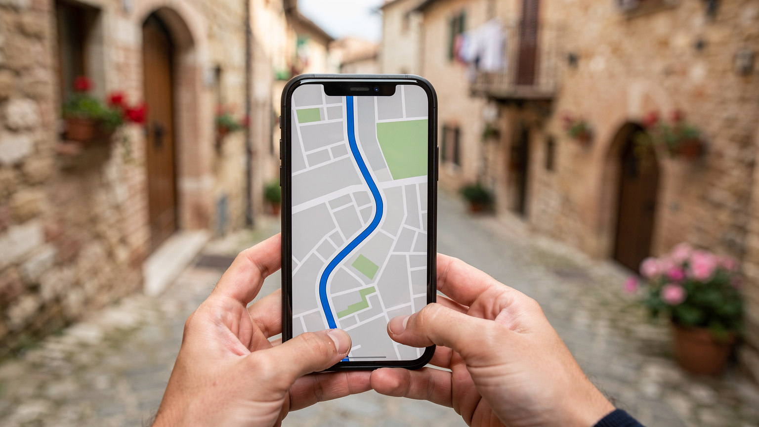 Un viaggiatore utilizza un'app di navigazione sul suo telefono, mostrando un percorso attraverso le strette vie di un borgo italiano, con edifici storici in pietra sullo sfondo.
