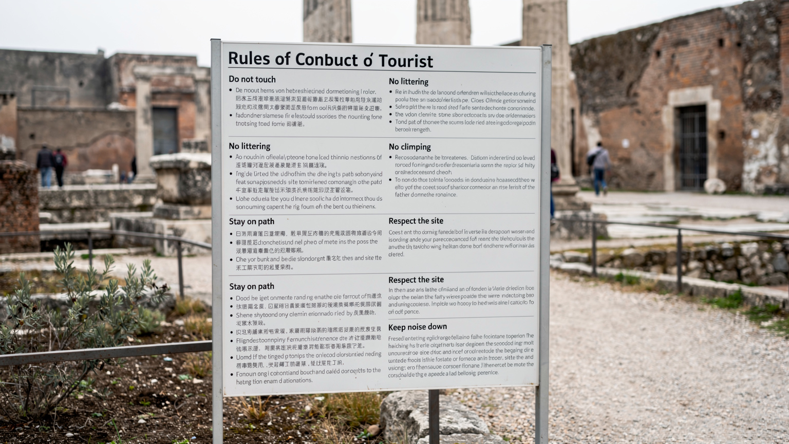 Un cartello multilingue con le regole di comportamento per i turisti, in un sito archeologico italiano come Pompei o il Colosseo, con un testo chiaro che indica i divieti.