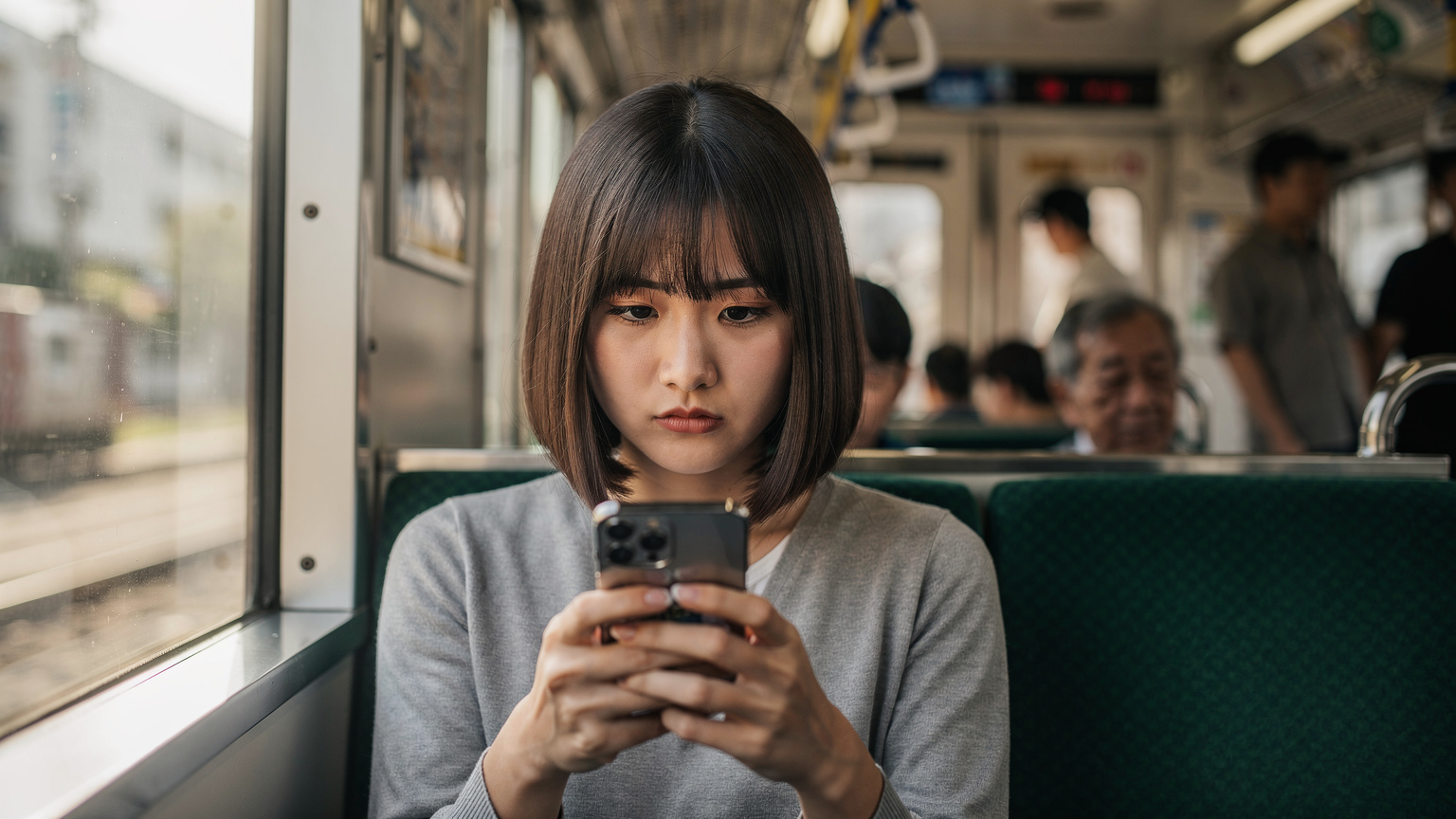 Một phụ nữ trẻ đang kiểm tra điện thoại trên chuyến tàu JR East ở Tokyo, biểu cảm lo lắng khi màn hình báo không có dịch vụ, thể hiện sự căng thẳng của việc mất kết nối khi du lịch.