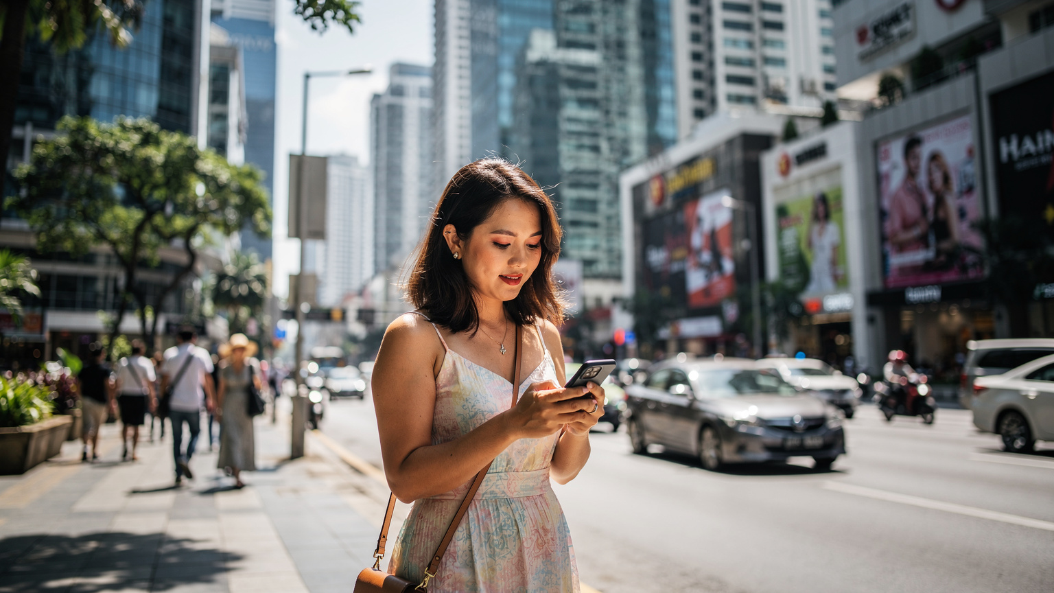 Một phụ nữ Việt Nam đang dùng điện thoại để đặt Grab tại một con phố nhộn nhịp ở Kuala Lumpur, Malaysia, với các tòa nhà cao tầng và xe cộ tấp nập phía sau, thể hiện sự tiện lợi của eSIM trong việc di chuyển.
