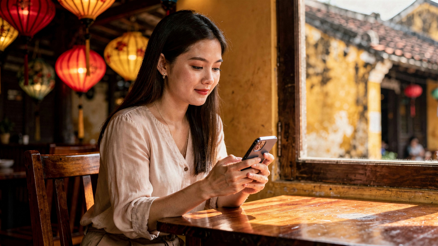 Một phụ nữ trẻ người Việt đang ngồi trong quán cà phê ấm cúng ở khu phố cổ Hội An, Việt Nam, sử dụng điện thoại để tìm kiếm thông tin eSIM du lịch, với không khí hoài cổ và đèn lồng phía sau, biểu cảm tập trung và thoải mái.