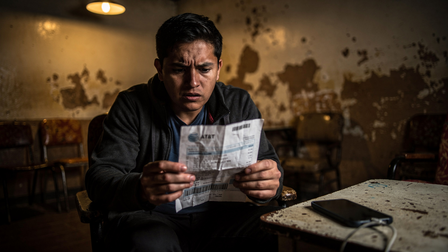 A frustrated traveler looking at their AT&T phone bill in a dimly lit hostel common room, highlighting the common pain point of unexpected roaming charges.