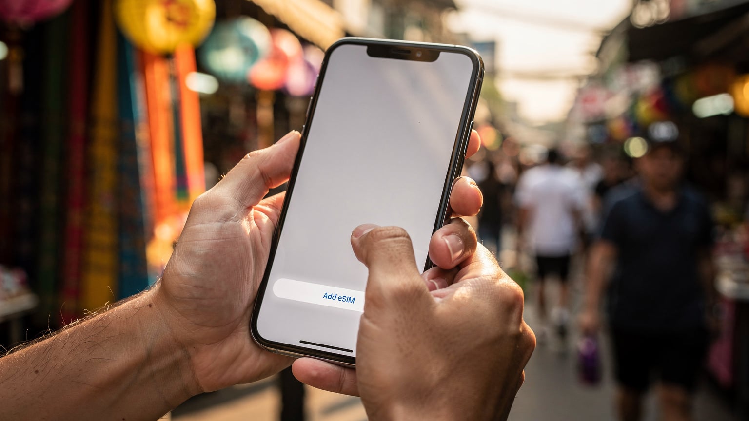 Close-up of hands on an iPhone, demonstrating the seamless activation of a travel eSIM on the settings screen, framed against a backdrop of a bustling Asian market.