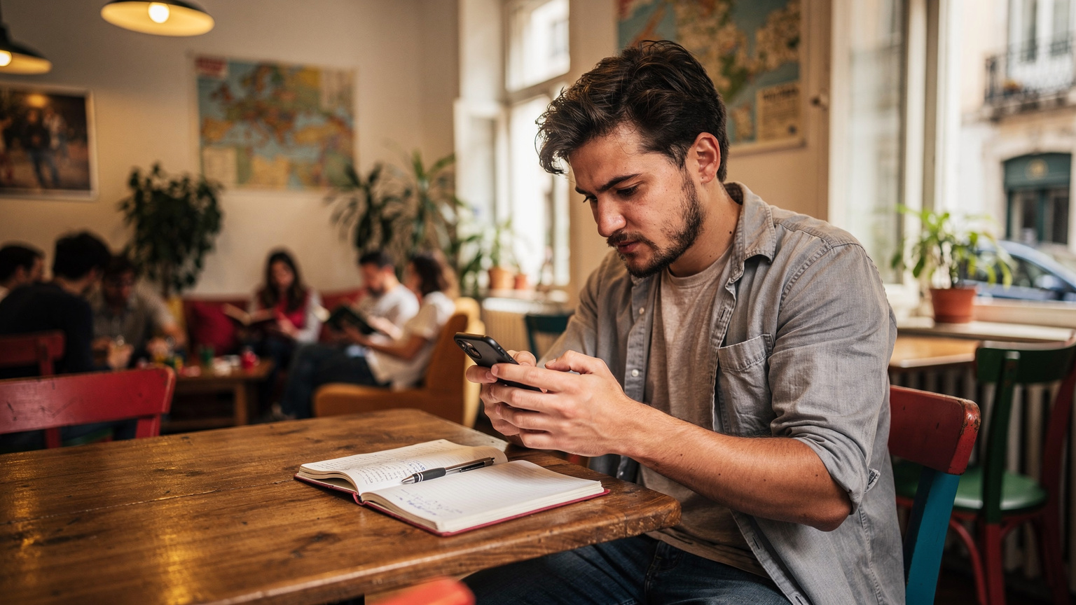 A backpacker meticulously tracking their data usage on their iPhone, with a hostel common room in the background, showing their commitment to budget travel.
