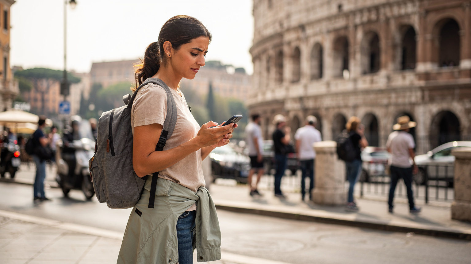 A backpacker in the bustling streets of Rome, checking their iPhone for eSIM compatibility while navigating ancient ruins.