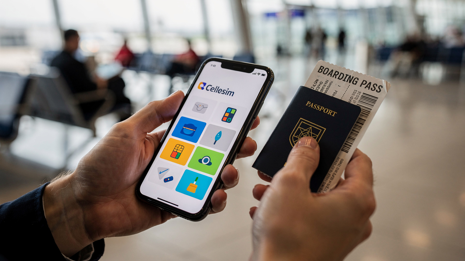 Een persoon in een luchthavenhal houdt een smartphone vast met de Cellesim app geopend, terwijl de andere hand een paspoort en een boardingpass met een vage bestemming vasthoudt. De achtergrond toont wazige medereizigers en de vertrekhal.