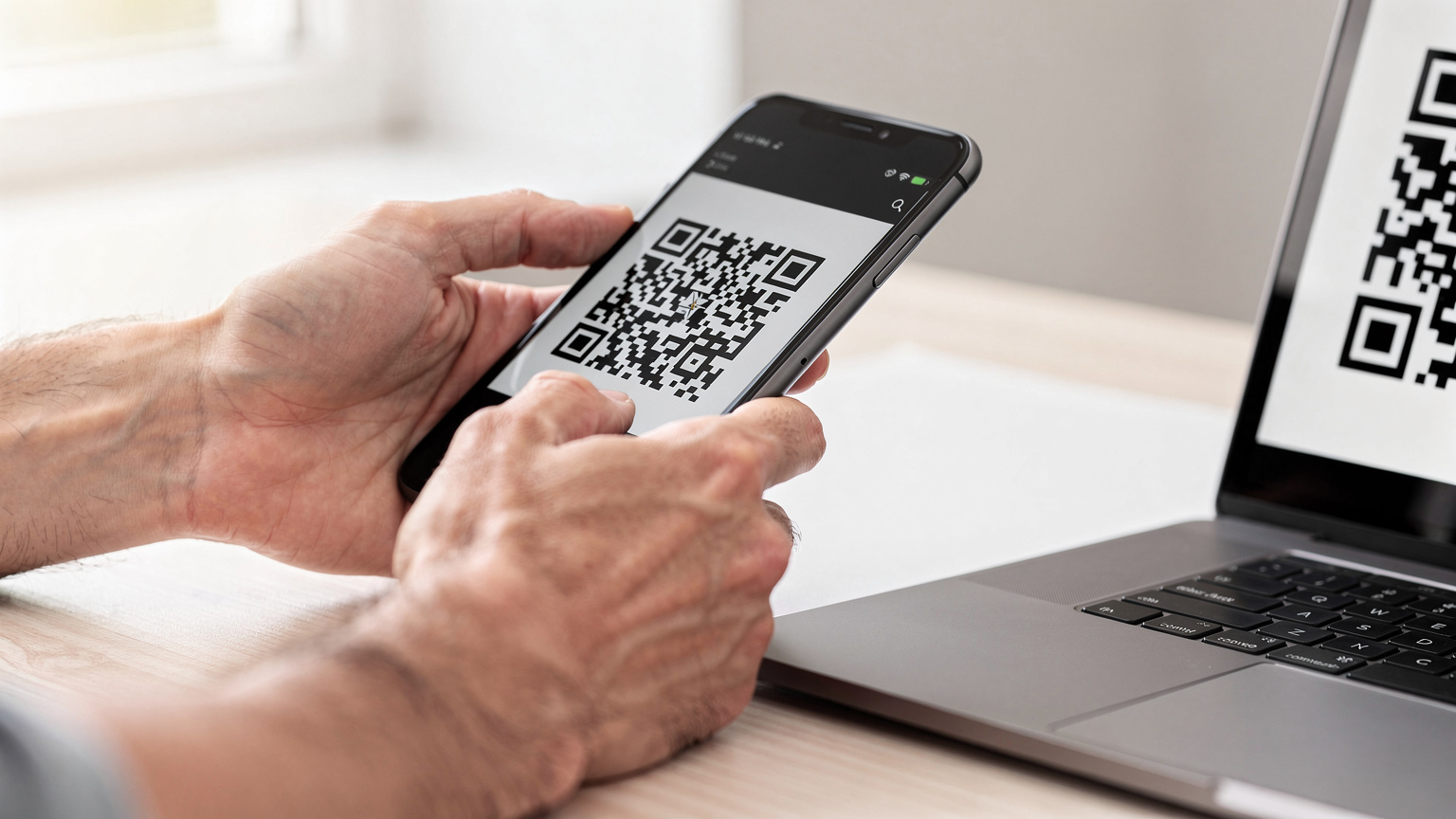 Een close-up van een persoon die een smartphone vasthoudt en een eSIM QR-code scant die wordt weergegeven op het scherm van een laptop. De focus ligt op de interactie tussen de telefoon en de QR-code, met de laptop en vingers vaag op de achtergrond.