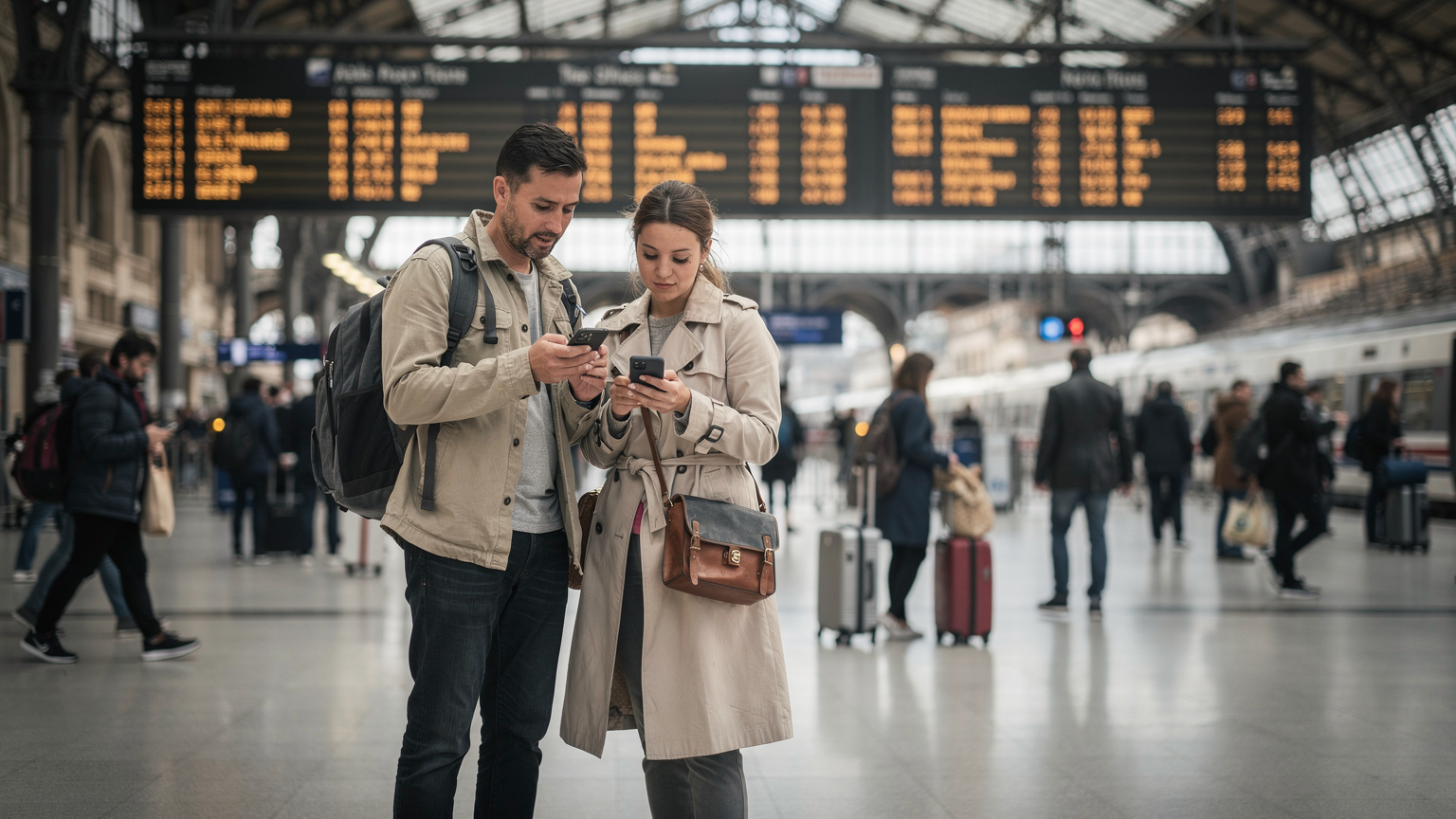 Twee reizigers, een man en een vrouw, staan dicht bij elkaar en kijken geconcentreerd naar hun smartphones op een druk treinstation in Parijs. Op de achtergrond is een groot aankomst- en vertrekbord met Franse tekst te zien.