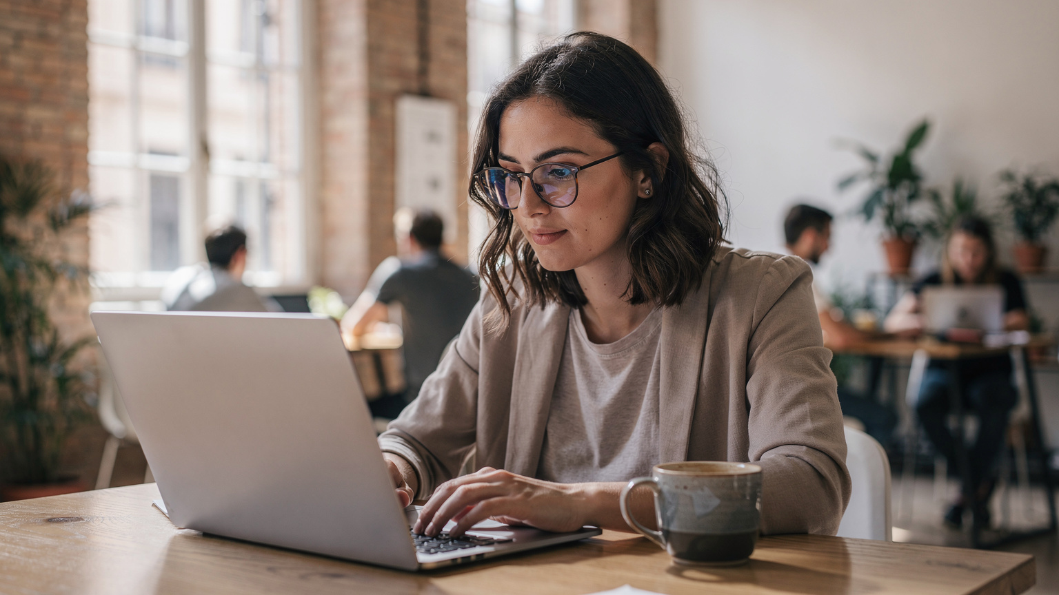 Een jonge vrouw met donker haar en een bril werkt geconcentreerd op haar laptop in een moderne, lichte co-working space in de wijk Gràcia in Barcelona. Andere mensen zijn vaag zichtbaar op de achtergrond. Een kop koffie staat naast haar laptop.